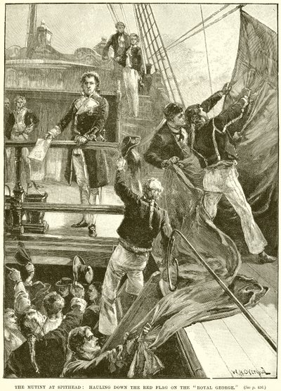 Die Meuterei in Spithead: Niederholen der roten Flagge auf der Royal George von English School