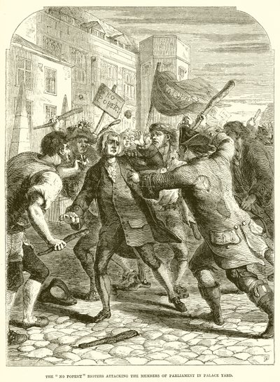 Die No-Popery-Randalierer greifen die Parlamentsmitglieder im Palace Yard an von English School