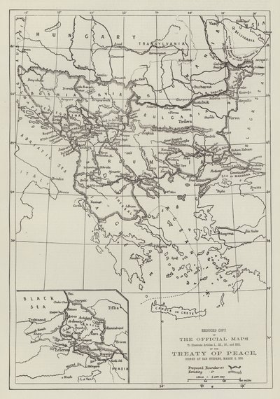 Die offiziellen Karten des Friedensvertrags, unterzeichnet in San Stefano, 3. März 1878 (Gravur) von English School