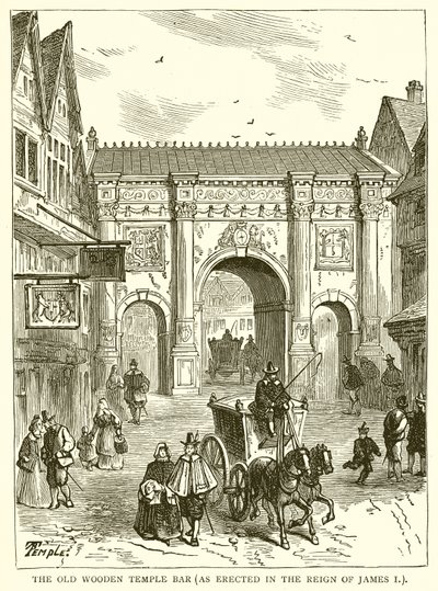 Das alte hölzerne Temple Bar (errichtet in der Regierungszeit von James I.) von English School
