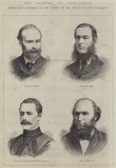 Die Eröffnung des Parlaments, Antragsteller und Unterstützer der Adresse in den beiden Häusern des Parlaments (Gravur) von English School