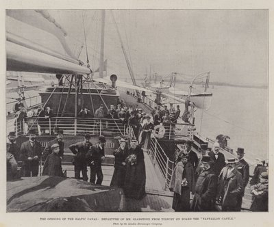 Die Eröffnung des Ostseekanals, Abfahrt von Mr. Gladstone von Tilbury an Bord der "Tantallon Castle" (Gravur) von English School