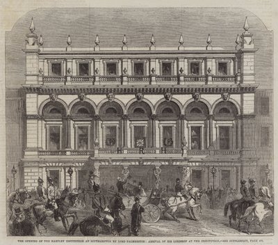 Die Eröffnung des Hartley-Instituts in Southampton durch Lord Palmerston, Ankunft seiner Lordschaft am Institut (Stich) von English School