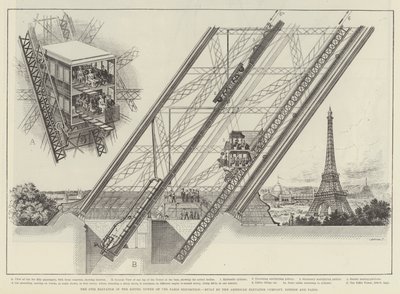 Der Otis-Aufzug im Eiffelturm der Pariser Ausstellung, gebaut von der American Elevator Company, London und Paris von English School