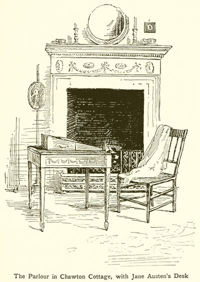 Das Wohnzimmer im Chawton Cottage mit Jane Austens Schreibtisch von English School