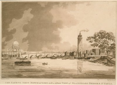 Die Patent Shot Manufactury, mit einem entfernten Blick auf die Blackfriars Bridge und St. Pauls, London von English School