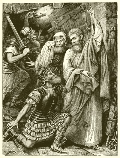Der Gefängniswärter von Philippi vor Paulus und Silas von English School