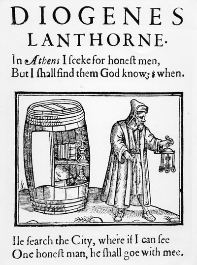 Der Philosoph Diogenes sucht mit seiner Laterne in der Stadt London nach einem ehrlichen Mann, 1607 von English School