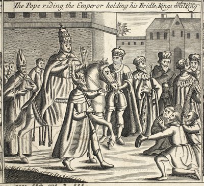 Der Papst reitet, der Kaiser hält seinen Zügel, Könige gehen vor ihm, Illustration aus Acts and Monuments von John Foxe, neunte Ausgabe, veröffentlicht 1684 von English School