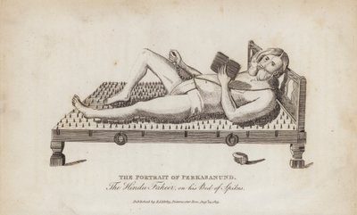 Das Porträt von Perkasanund, dem Hindu-Fakir, auf seinem Nagelbett (Gravur) von English School