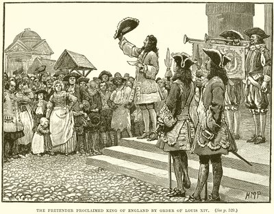 Der Prätendent wird auf Befehl von Ludwig XIV. zum König von England ausgerufen von English School