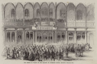 Der Prinz von Wales auf dem Balkon des Richmond House, Chicago (Gravur) von English School