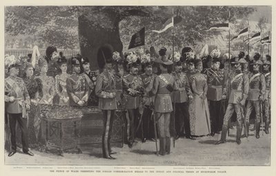 Der Prinz von Wales überreicht die Jubiläumsgedenkmedaillen an die indischen und kolonialen Truppen im Buckingham Palace von English School