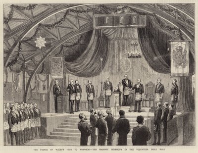 Der Besuch des Prinzen von Wales in Norwich, die Freimaurerzeremonie in der Freiwilligen-Drillhalle (Gravur) von English School