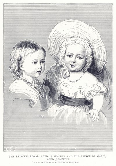 Die Prinzessin Royal, 17 Monate alt, und der Prinz von Wales, 5 Monate alt von English School