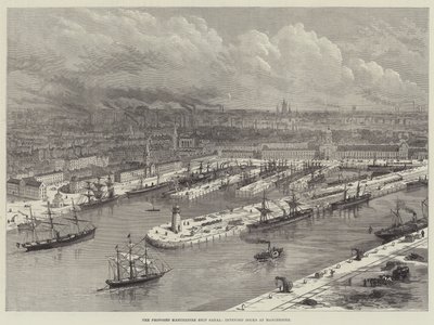 Der vorgeschlagene Manchester-Schiffskanal, geplante Docks in Manchester (Gravur) von English School