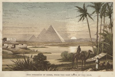 Die Pyramiden von Gizeh, von der Ostseite des Nils (farbiger Stich) von English School