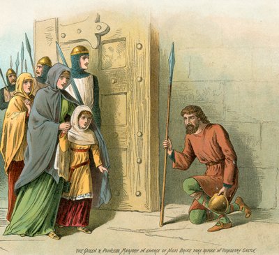 Die Königin und Prinzessin Marjory unter der Obhut von Nigel Bruce suchen Zuflucht in der Burg Turnberry von English School