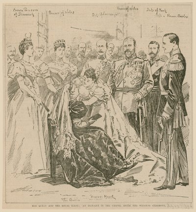 Die Königin und die königliche Braut, ein Vorfall in der Kapelle nach der Hochzeitszeremonie, 23. Juli 1896 von English School