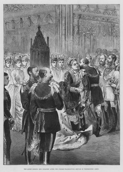Die Königin küsst ihre Kinder nach dem Jubiläums-Dankgottesdienst in der Westminster Abbey von English School