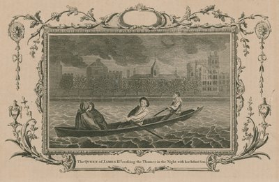 Die Königin von König James II überquert in der Nacht mit ihrem kleinen Sohn die Themse von English School