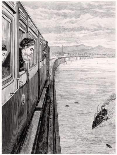 Die Rückkehr der Königin aus den Highlands; Ihre Majestät überquert die Tay-Brücke, Dundee von English School