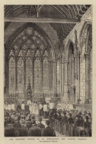 Die restaurierte Kapelle von St. Etheldreda (Ely Chapel) Holborn (Stich) von English School