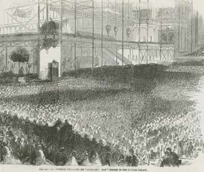 Der Reverend Charles Haddon Spurgeon predigt seine Demutstagspredigt im Crystal Palace von English School