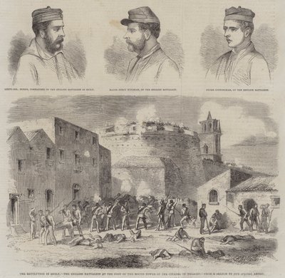 Die Revolution in Sizilien, das englische Bataillon am Fuße des Rundturms der Zitadelle von Melazzo (Stich) von English School