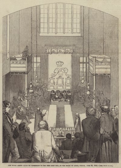 Die königliche Zustimmung zur neuen Korn-Gesetzgebung im House of Lords, Freitag, 26. Juni 1846 (Gravur) von English School