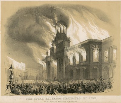 Die Royal Exchange, London, in der Nacht des 10. Januar 1838 durch Feuer zerstört von English School