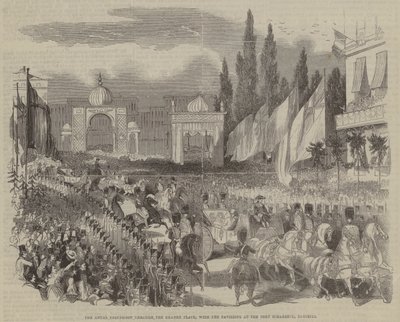 Die königliche Prozession durch die Grande Place, mit den Pavillons am Port Scharbeck, Brüssel von English School