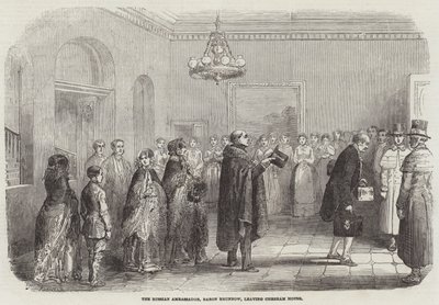 Der russische Botschafter, Baron Brunnow, verlässt das Chesham House (Stich) von English School