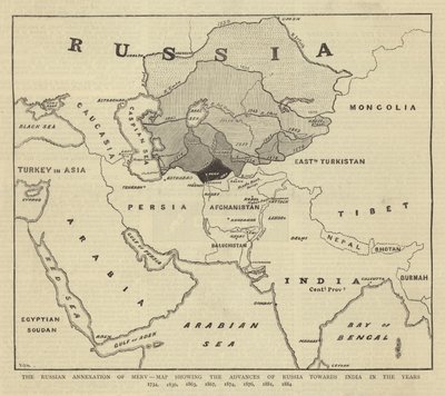 Die russische Annexion von Merv, Karte zeigt die Fortschritte Russlands in Richtung Indien in den Jahren 1734, 1836, 1863, 1867, 1874, 1876, 1881, 1884 von English School