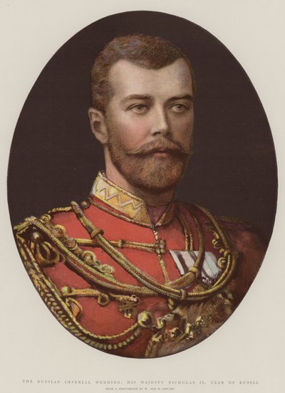 Die russische Kaiserhochzeit, Seine Majestät Nikolaus II., Zar von Russland (Farblithografie) von English School