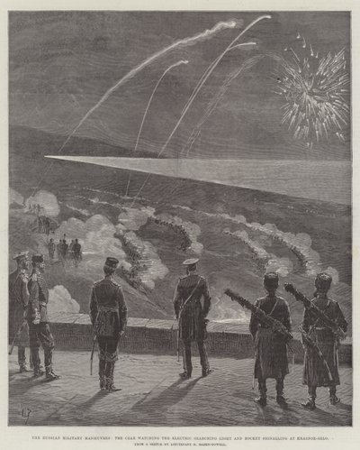 Die russischen Militärmanöver, der Zar beobachtet das elektrische Suchlicht und die Raketensignalisierung in Krasnoe-Selo (Gravur) von English School