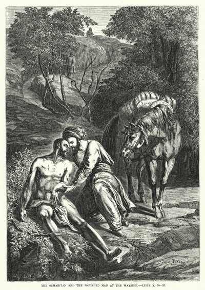 Der Samariter und der verwundete Mann am Wegesrand, Lukas X, 30-35 (Gravur) von English School