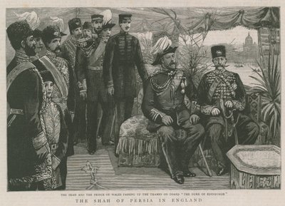 Der Schah und der Prinz von Wales fahren auf der Themse an Bord der Duke of Edinburgh von English School