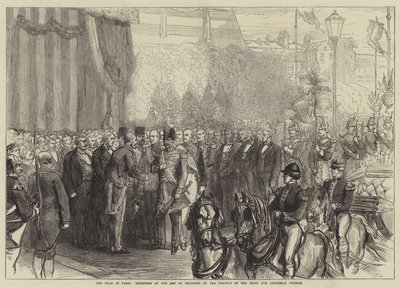 Der Schah in Paris, Empfang am Arc de Triomphe durch den Präfekten der Seine und den Stadtrat (Stich) von English School