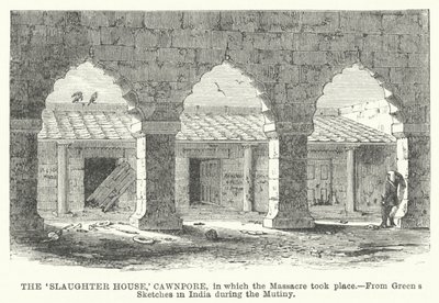 Das "Schlachthaus," Cawnpore, in dem das Massaker stattfand von English School