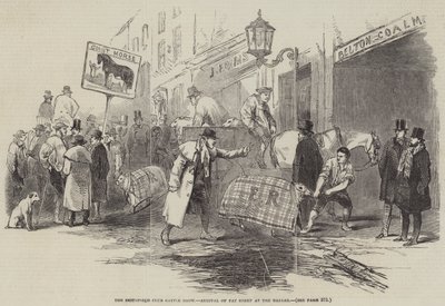 Die Smithfield Club Viehschau, Ankunft der fetten Schafe im Basar (Stich) von English School