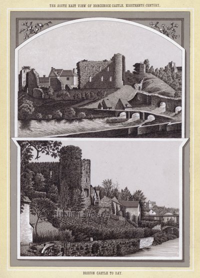 Die Südostansicht von Brecknock Castle, achtzehntes Jahrhundert; Brecon Castle heute von English School