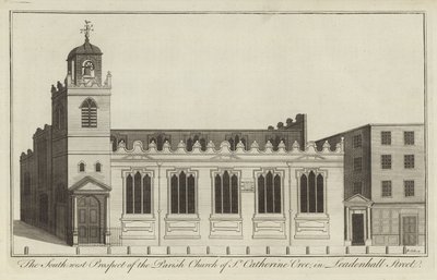 Die Südwestansicht der Pfarrkirche St. Catherine Cree in Leadenhall Street, London von English School