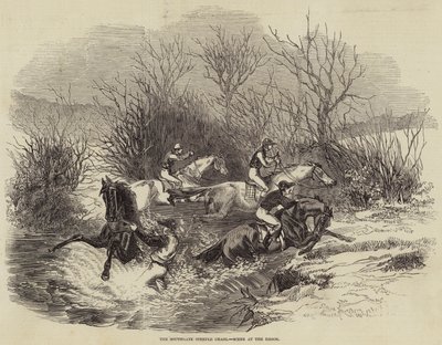 Das Southgate Steeple Chase, Szene am Bach (Gravur) von English School