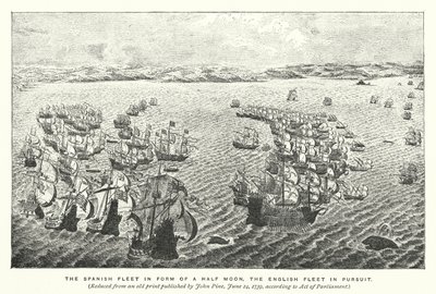 Die spanische Flotte in Form eines Halbmondes, die englische Flotte in Verfolgung von English School