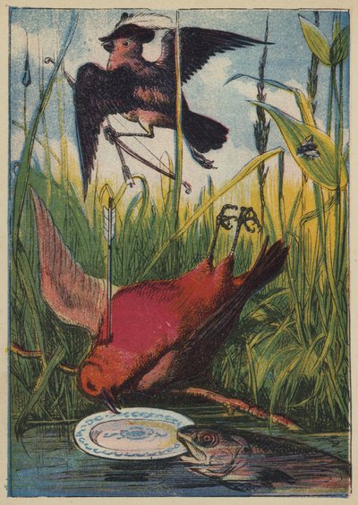 Der Spatz, Cock Robin und der Fisch (Farblithografie) von English School