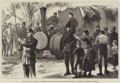 Der Zustand Irlands, Notfallmänner transportieren boykottierte Waren zum Bahnhof Thurles (Gravur) von English School