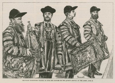 Die Staatstrompeter warten darauf, das Fanfarenzeichen bei der Ankunft der Königin in der Abtei zu geben von English School
