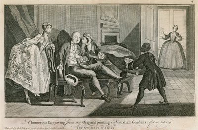 Der Diebstahl eines Kusses: Eine humorvolle Gravur nach einem Originalgemälde in den Vauxhall-Gärten, London von English School
