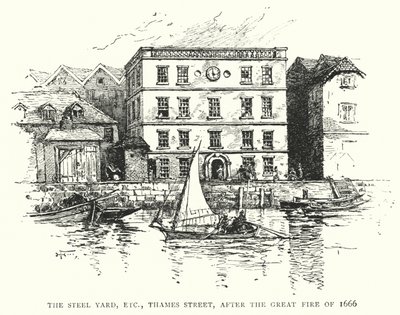 The Steel Yard, Thames Street, nach dem großen Brand von 1666 (Stich) von English School